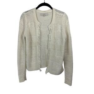 Loft Sweater Cream Ivory Open Front Loose Weave Fringe Cardigan Women's Size XS